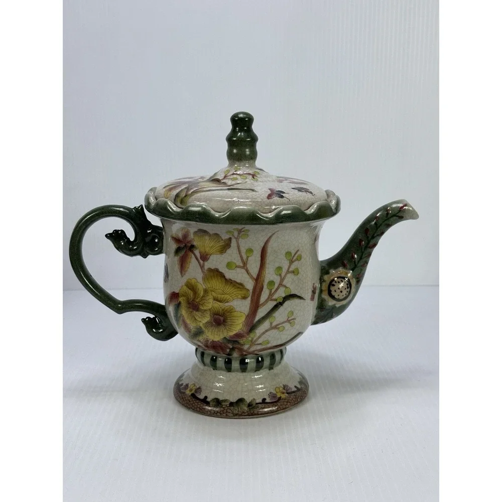 Vintage Chinese Teapot Vibrant‎ Flowers Handcrafted For Decorative Use Only